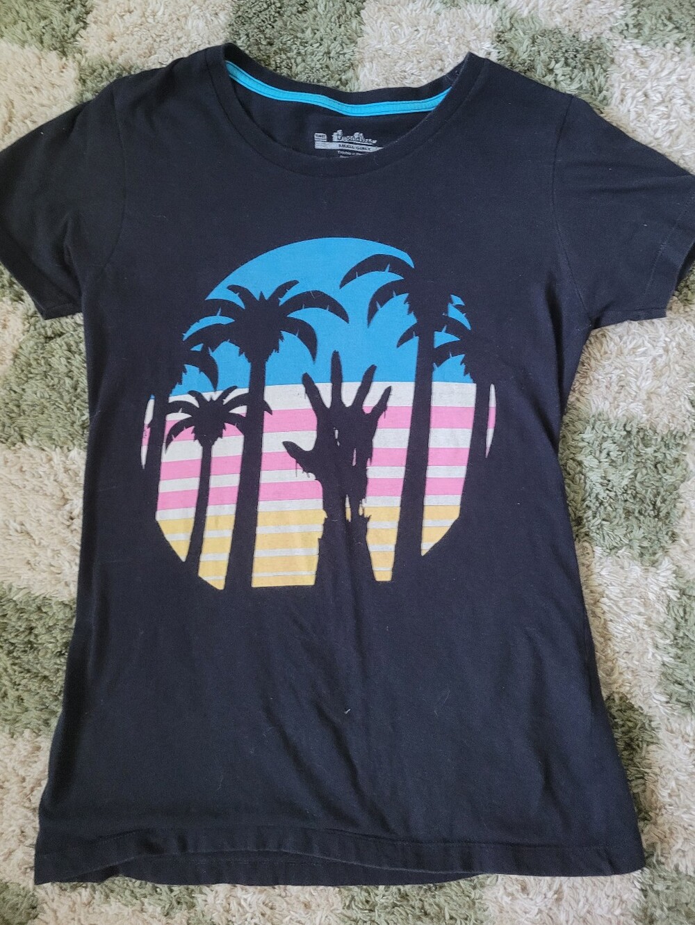 Threadless Black Tee with Blue, Pink & Yellow Zombie Palm Sunset Graphic